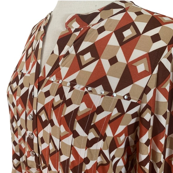 COCOMO Medium Brown Orange White 3/4 sleeve women's Pintuck Blouse top shirt - Picture 4 of 16